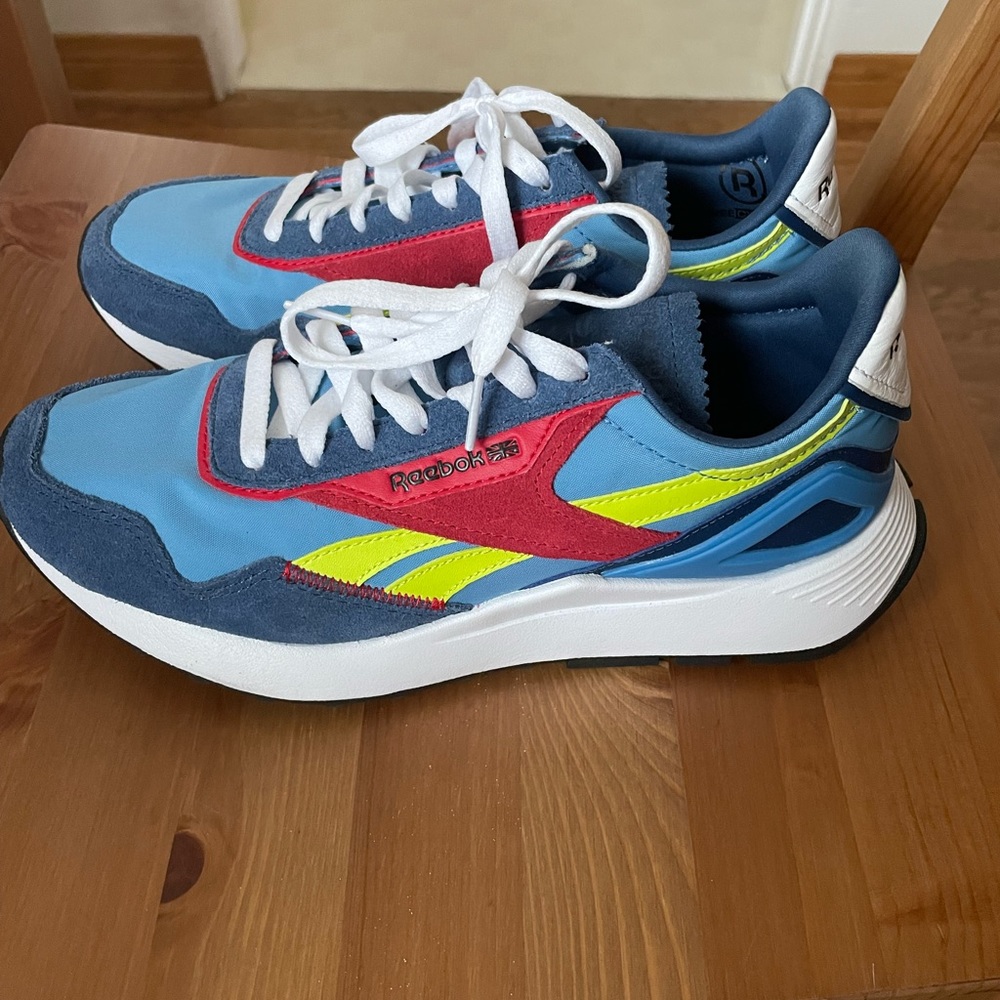 Classic leather legacy AZ Reeboks. Bright blue, yellow and red. Worn once.